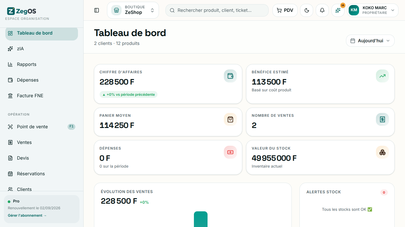 Tableau de bord ZegCaisse